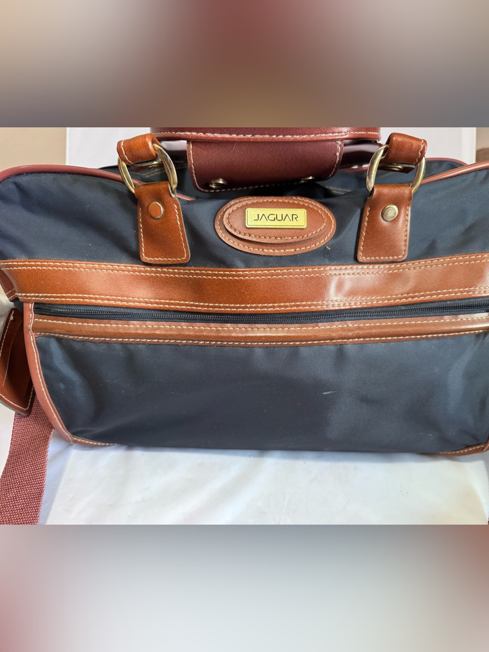 Jaguar Duffle Bag Tote Bag Overnighter Travel Blue with Brown Leather Trim